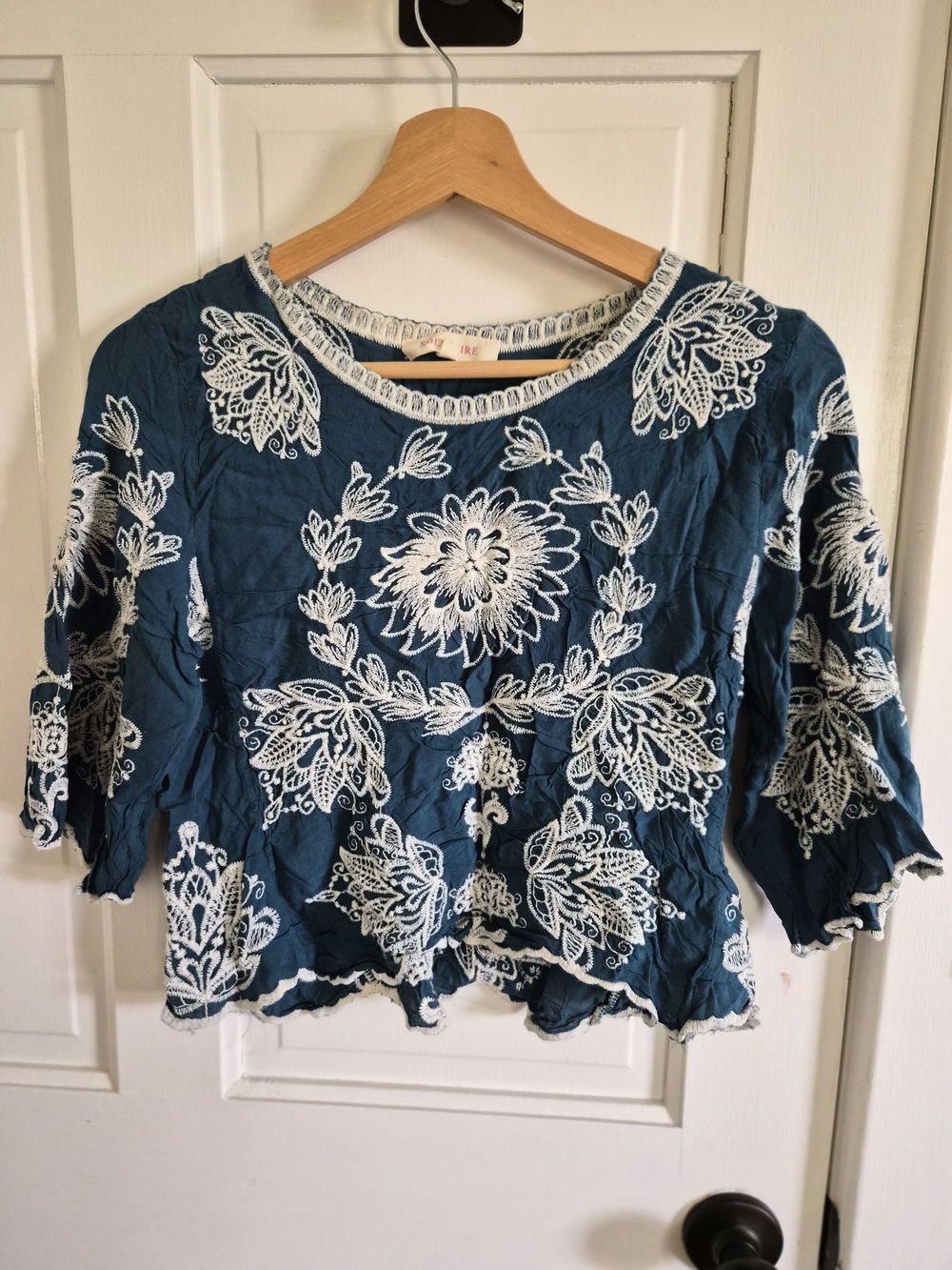 Boho Embroidered Peasant Top with White Floral Detail
